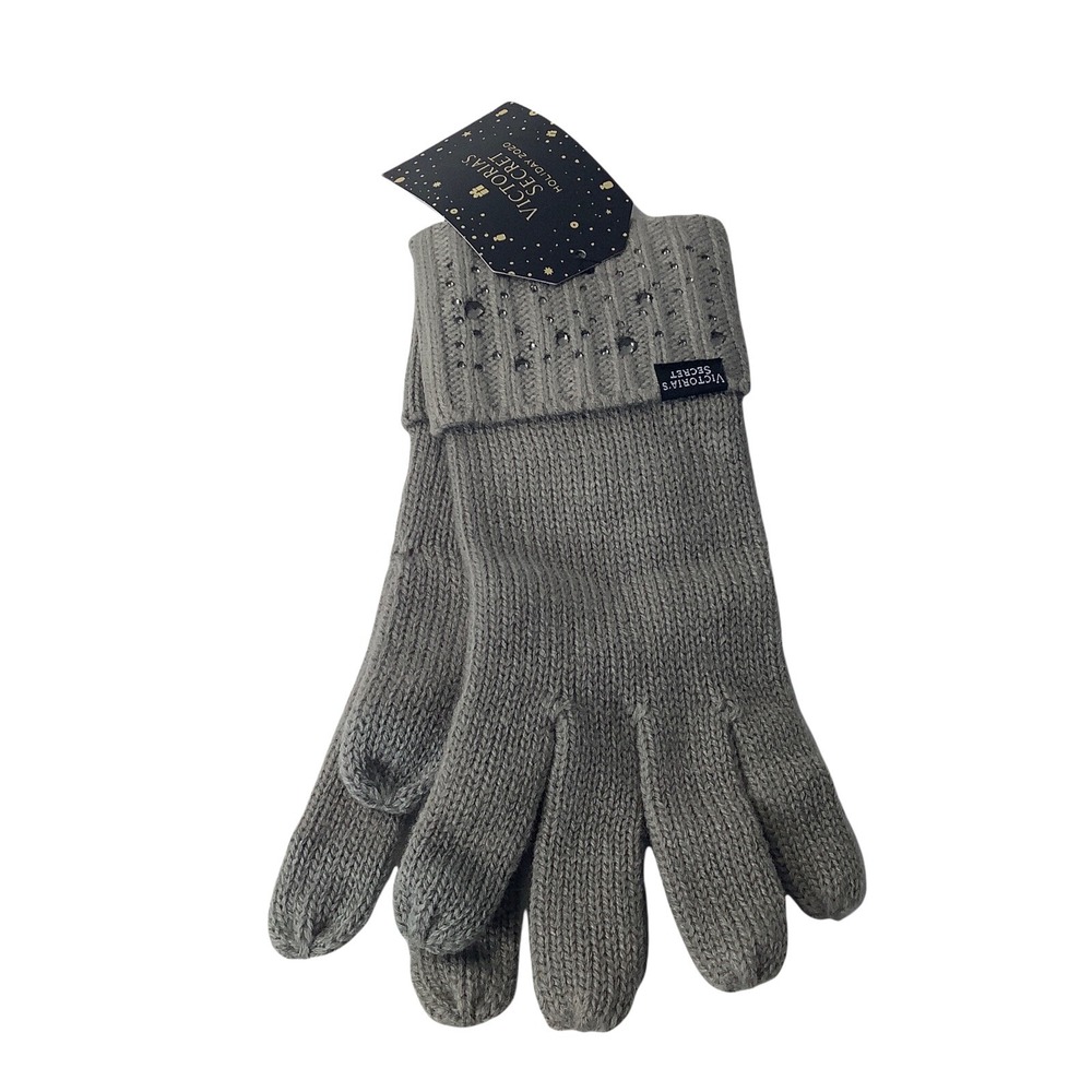 Victoria's Secret‎ Gloves Mittens Gray Bling Gem Sparkle Knit Glam Winter NWT